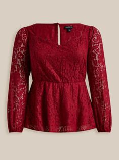 FIT Model is 5'10” wearing size 1. Measures 28” from shoulder. . MATERIALS + CARE Lace woven fabric. . 51% nylon, 49% cotton. Machine wash cold. Line dry or dry low. . Imported. . DETAILS Sweetheart square neckline. . Blouson sleeves. . The best plus size women's peplum lace puff sleeve top tops in rhubarb made of lace. Torrid is your destination for the freshest spring and summer styles. Torrid is your destination for plus size SALE > CLEARANCE merchandise. Lace Puff Sleeve Top, Puff Long Sleeve Top, Georgette Tunics, Peplum Lace, Plus Size Peplum, Lace Weave, Chiffon Tunic, Black Tunic Tops, Puff Long Sleeves