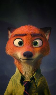 a red fox wearing a green shirt and tie with eyes wide open, standing in front of a dark background