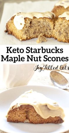 two pictures with the words keto starbucks's maple nut scones on them