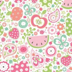 an image of a pattern with fruits and flowers on the side, including watermelon