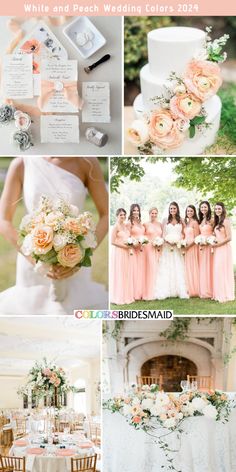 the wedding color scheme is peach and white