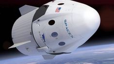 an artist's rendering of the spacex capsule in orbit, with earth in the background