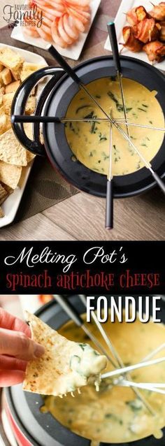 a collage of pictures showing different types of food and the words melting pot's spinach artichoke cheese fondue