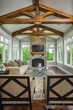 a living room with two couches and a fire place in it's center