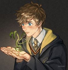 a drawing of a young man holding a plant in one hand and looking at the other