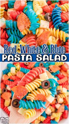 red, white and blue pasta salad is ready to be eaten