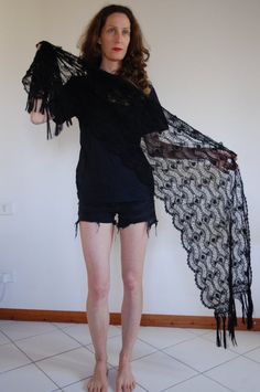 70's hand crochet black wool scarf / witchy spiderweb elegance! Elegant Black Lace Shawl, Black Wedding Shawl Scarf, Black Bohemian Shawl For Wedding, Handmade Black Bohemian Shawl, Crochet Spiderweb, Black Wool Scarf, Small Fringe, Mysterious Events, Crochet Black