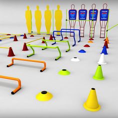 an array of different colored cones and obstacles