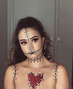 Original Scary Halloween Costumes, Helowin Makeup, Voodoo Doll Makeup Halloween, Creepy Doll Makeup Halloween, Haloween Mackup Ideas, Voodoo Doll Makeup, Voodoo Doll Costume, Doll Makeup Halloween, Creative Halloween Makeup