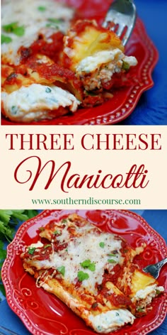 three cheese manicotti is on a red plate with a fork and green garnish