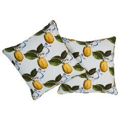 two pillows with lemons on them sitting next to each other in front of a white background