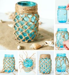 there are several pictures of mason jars with rope and sea shells in them on the beach