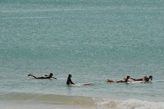 three people are in the water with surfboards and one is laying on their stomachs