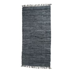 a gray rug with fringes on the top and bottom, against a white background