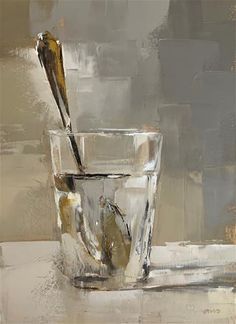 a painting of a glass with a spoon in it