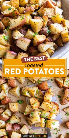 the best roasted red potatoes with parsley on top in a serving platter and text overlay