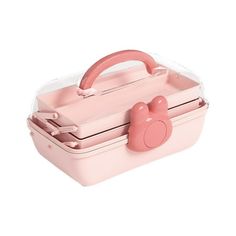 a pink lunch box with a handle on it