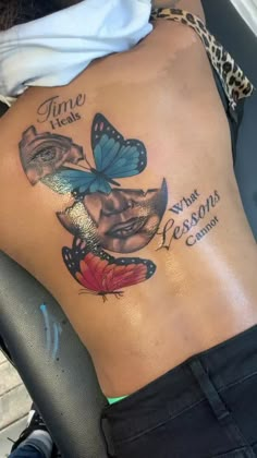 a woman's back with butterflies on it and the words time heals what lessons cannot