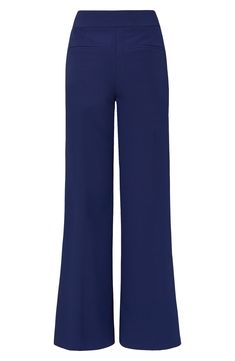 A pintuck pleat calls out the expert tailoring in a pair of cady pants that work for desk days and drinks dates. 34" inseam Zip fly with hook-and-bar closure Front slant pockets; back welt pockets 97% polyester, 3% spandex Dry clean Imported Navy Blue Slacks, Navy Slacks, Elegant Blue Wide Leg Pants For Work, Classic Full-length Navy Pants, Navy Wide-leg Workwear Bottoms, Navy Full-length Bottoms With Pockets, Navy Wide-leg Bottoms With Pockets, Navy Stretch Full-length Bottoms, Campus Style