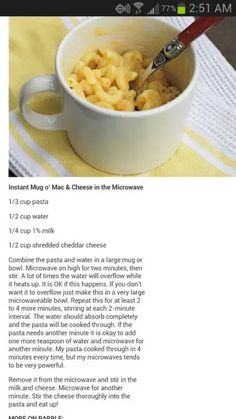 the recipe for macaroni and cheese in microwave is shown on an ipad screen