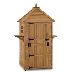 a wooden storage shed with the door open and two windows on each side, in front of a white background