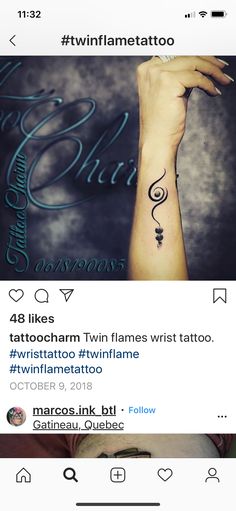 the twitter page for twin flame tattoo shows two tattoos on one arm and an arrow on the other