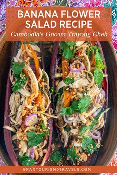 an image of banana flower salad recipe on a plate with text overlay that reads canbodia's gnoam tray