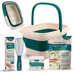 PRICES MAY VARY. Complete Foot Care Kit 4-in-1 - Elevate your foot spa at home. This kit comes with a Foldable Foot Soak Basin, a pouch of Fivona Foot Soak Blend enriched with Epsom Salt, Tea Tree, and other Essential Oils; dual sided Foot File, and 42% Urea Foot Cream with Tea Tree. Natural Ingredients for Healthy Feet - Pamper your soles with a gentle blend of Epsom Salt and essential oils, including Tea Tree, Peppermint, Eucalyptus, Rosemary, Lemon, and Citronella. It is made of natural ingredients that are gentle on the skin, get rid of unpleasant smell, and promoting healthier feet. Foldable Foot Soak Basin - Our Collapsible Foot Soak Tub is designed for your convenience and comfort. Crafted from high-quality, BPA-free materials, it features massage rollers and bumps for a soothing ma Foot Spa At Home, Soak Tub, Urea Cream, Peppermint Eucalyptus, Spa At Home, Foot Soak, Foot Spa, Foot Cream, How To Exfoliate Skin