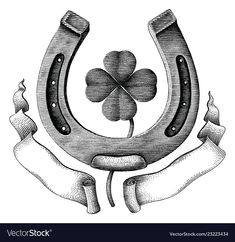 an old fashioned horseshoe with four leaf clover and two ribbon banners on the side, vintage engraving