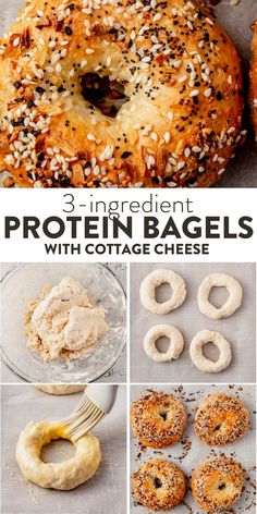 bagels with cottage cheese and sprinkles on them are shown in this collage