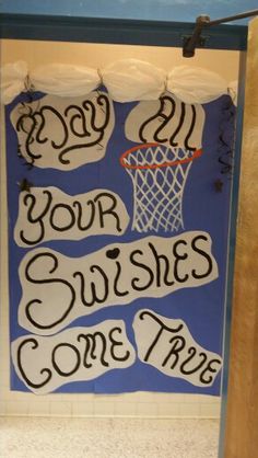 a sign that says, may all your wishes come true with basketball net and hoop