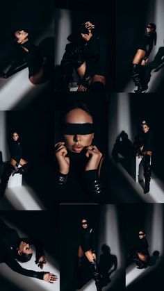 a woman in black is posing with her hands on her face and wearing blindfolds