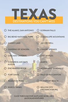 the texas destinations you can't miss list with text overlaying it in yellow