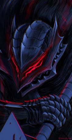 an abstract painting with red and black lines on the face of a dragon, in front of a dark background