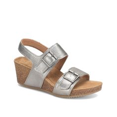 Comfortiva-Erlina Wedge Sandal Enjoy versatile summer style with the Comfortiva Erlina wedge sandal. This leather pair sports a cork wedge to elevate your ensemble, while the memory foam padding keeps you comfortable. Bridal Wedding Shoes, Womens Sandals Wedges, Adidas Fashion, Trending Sneakers, Fall Shoes, Safety Shoes, Toe Designs, Grey And Gold, Wedge Sandal