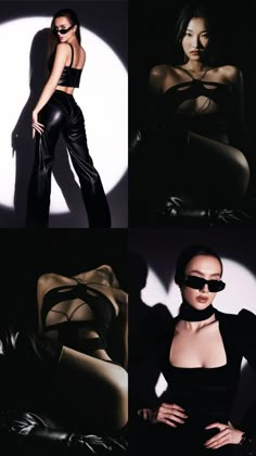 three photos of women in black clothing and sunglasses, one is posing with her hands on her hips