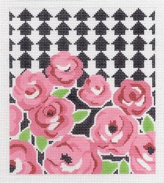 cross stitch pattern with pink roses on black and white background