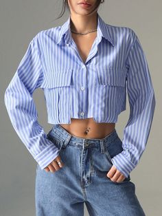 Women's Spring & Summer Striped Long Sleeve Utility Pocket Cropped Casual Shirt Blue Casual  Long Sleeve Woven Fabric Striped Shirt Non-Stretch  Women Clothing, size features are:Bust: ,Length: ,Sleeve Length: Summer Stripes, Elegant Dresses Long, Women Blouses, Boho Women, Kids Sleepwear, Kids Beachwear, Striped Blouse, Casual Shirt, Striped Long Sleeve