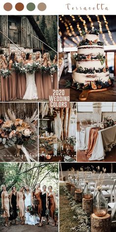 a collage of wedding photos with different colors and details on the image, including cake