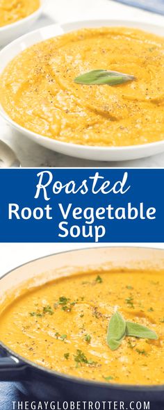 roasted root vegetable soup in a white bowl on a blue and white tablecloth with text overlay