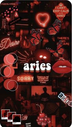 an advertisement for aris sorry with neon lights and red lipstick on the wall behind it