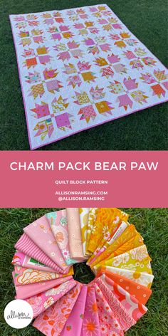 the charm pack bear paw quilt pattern is shown in pink, yellow and orange colors