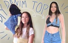 two women standing next to each other in front of a wall with the words denim top on it