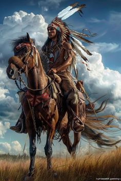 a native american man riding on the back of a brown horse