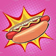 a hot dog on a bun with mustard and ketchup in halftone pop art style