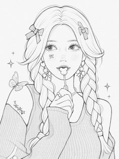 a drawing of a girl with long hair holding a flower in her hand and looking at the camera