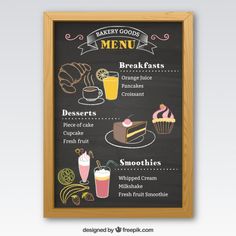 a chalkboard menu with different types of desserts on it and the words, confect