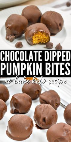 chocolate dipped pumpkin bites on a white plate with a bite taken out and the text overlay reads, chocolate dipped pumpkin bites