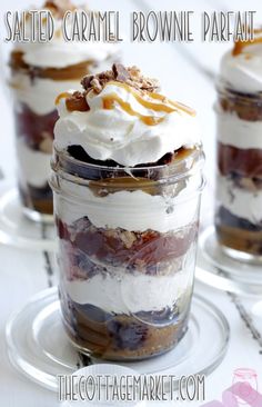 two desserts in glass jars with whipped cream and caramel brownie parfait