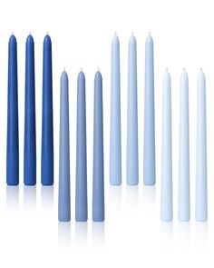 several blue candles lined up next to each other